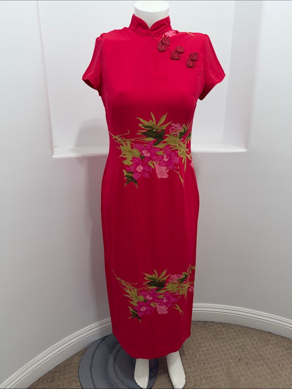 David Warren Vintage Red Floral Cheongsam Maxi Dress Mandarin Collar Cocktail